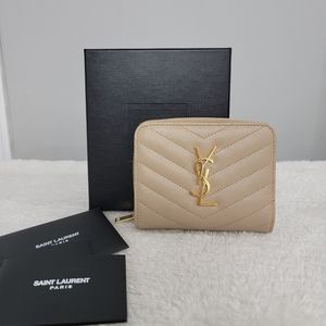 AUTHENTIC YSL CASSANDRE MATELASSE COMPACT ZIP AROUND WALLET IN BEIGE